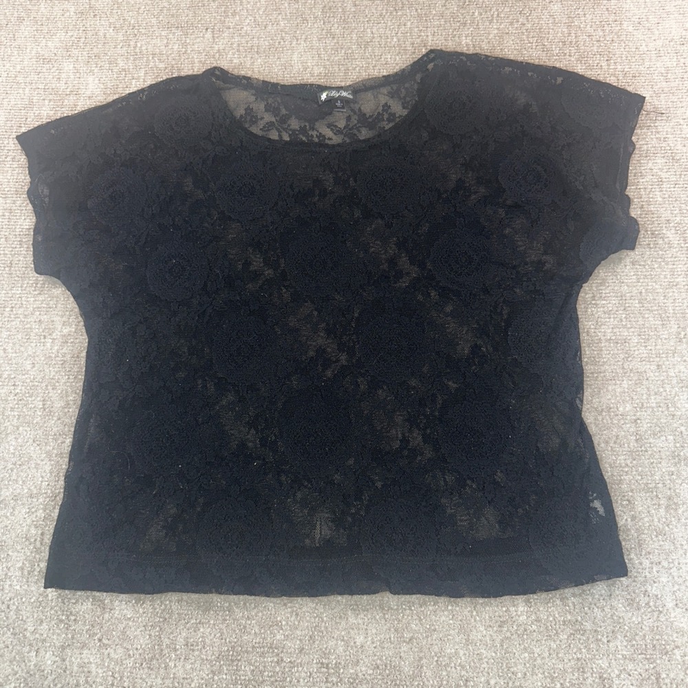 Lily White Womens Black Sheer Floral Lace Short Sleeve Crop Top Small Made in US